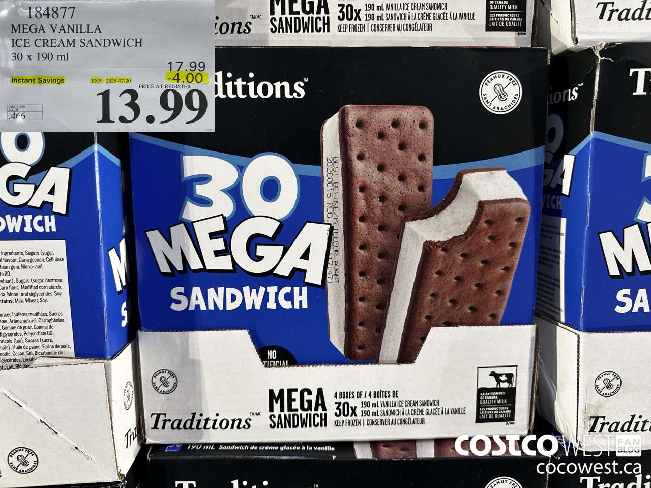 184877 VANILLA MEGA ICE CREAM SANDWICH 30 X 190 ML ($4.00 INSTANT SAVINGS EXPIRES ON 2025-07-20) $13.99