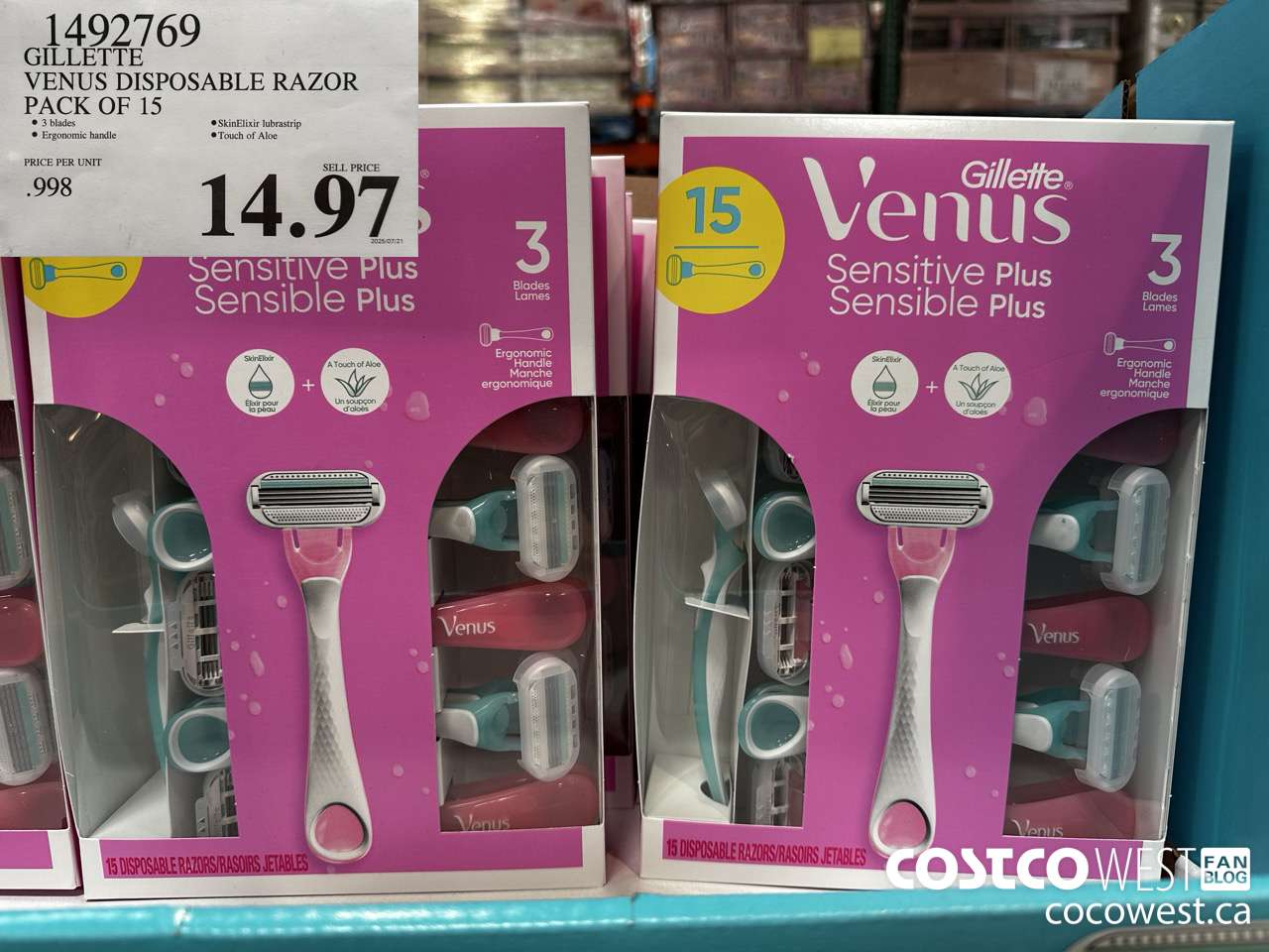 1492769 VENUS SENSITVE PLUS 15 COUNT DISPOSABLE $14.97