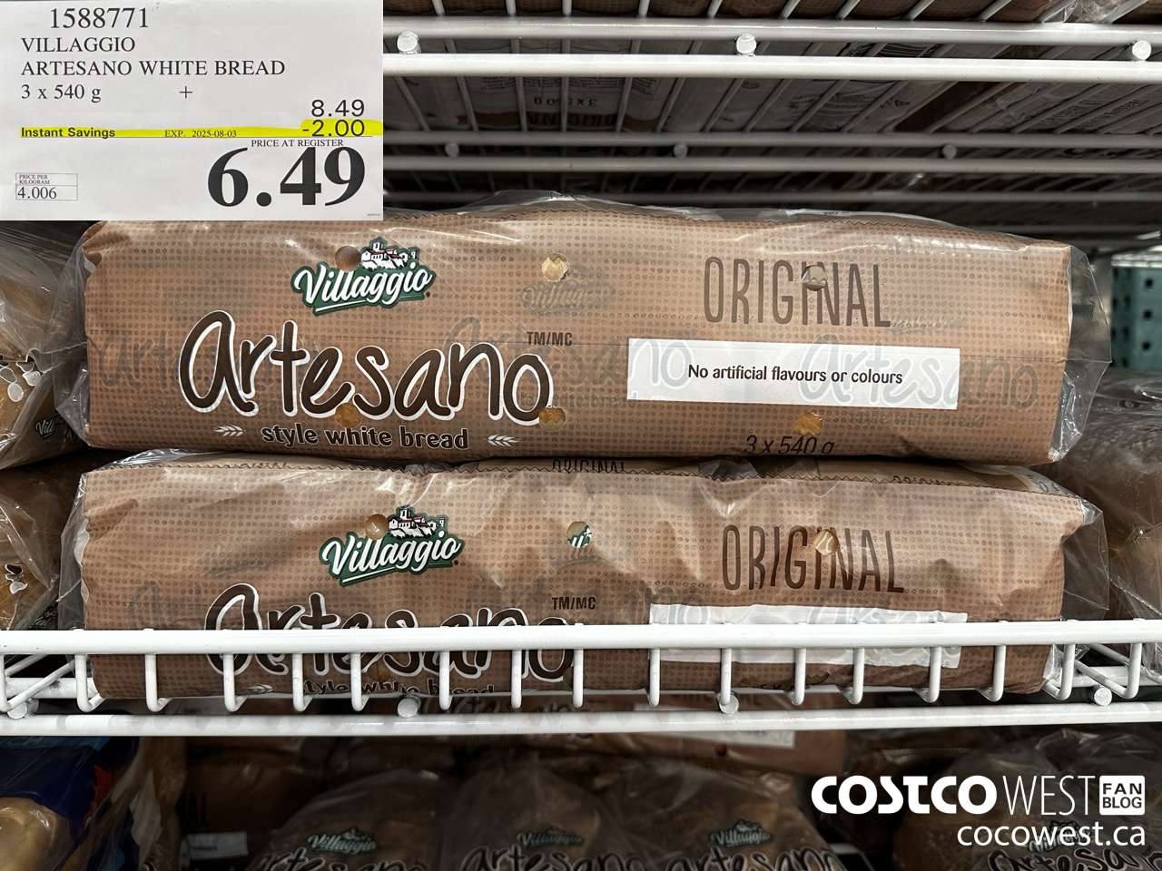 1588771 VILLAGGIO ARTESANO WHITE BREAD 3 X 540G ($2.00 INSTANT SAVINGS EXPIRES ON 2025-08-03) $6.49