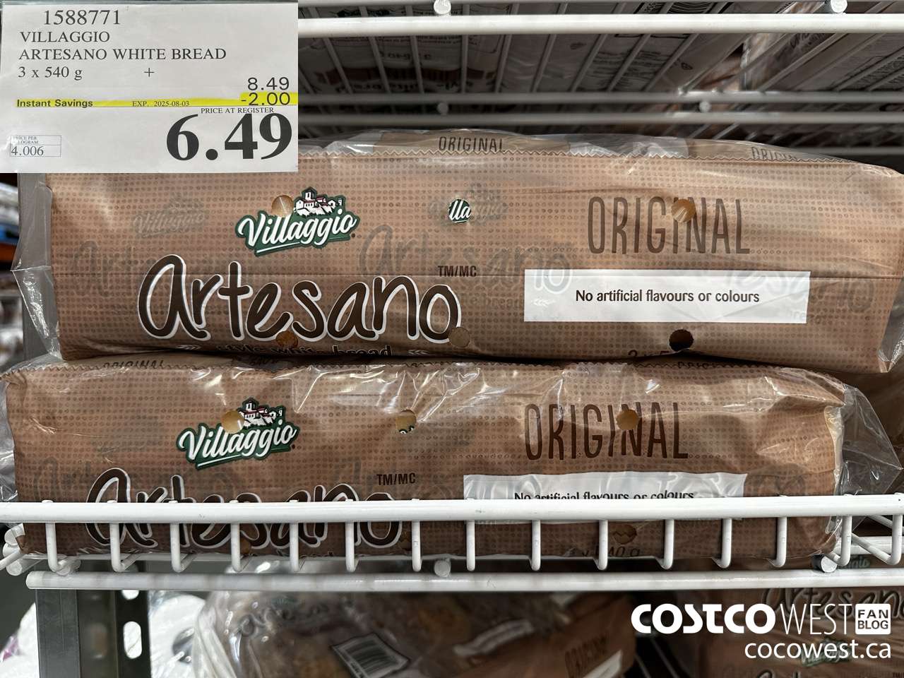 1588771 VILLAGGIO ARTESANO WHITE BREAD 3 X 540G ($2.00 INSTANT SAVINGS EXPIRES ON 2025-08-03) $6.49
