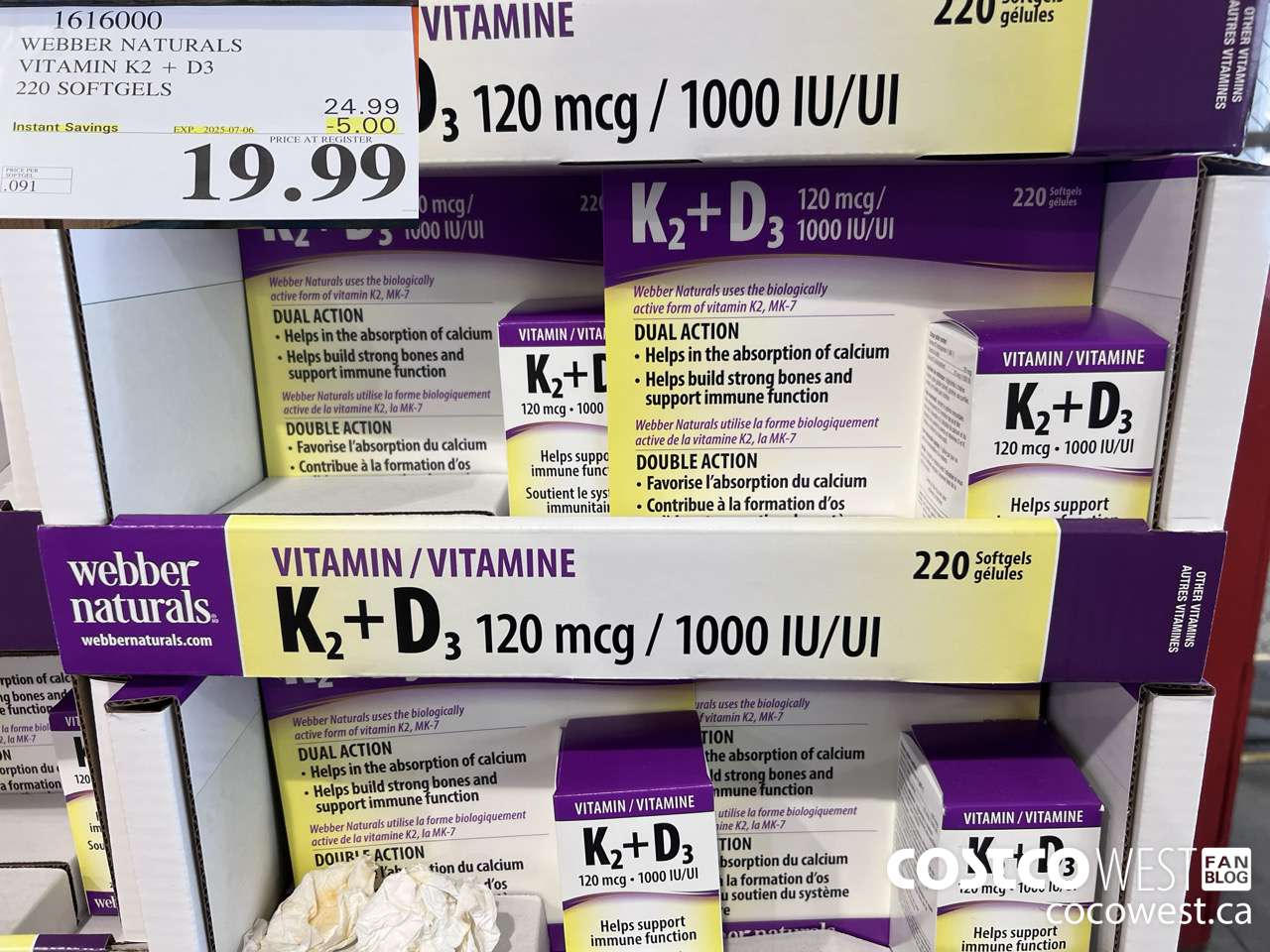 1616000 WEBBER NATURALS VITAMIN K2+D3 220 SOFTGELS ($5.00 INSTANT SAVINGS EXPIRES ON 2025-07-06) $19.99