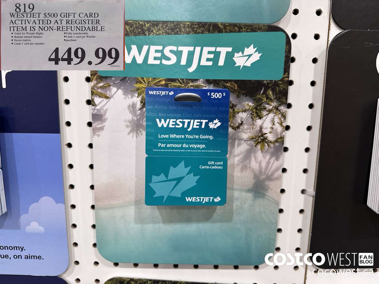 819 WESTJET $500 GIFT CARD NON-REFUNDABLE $449.99