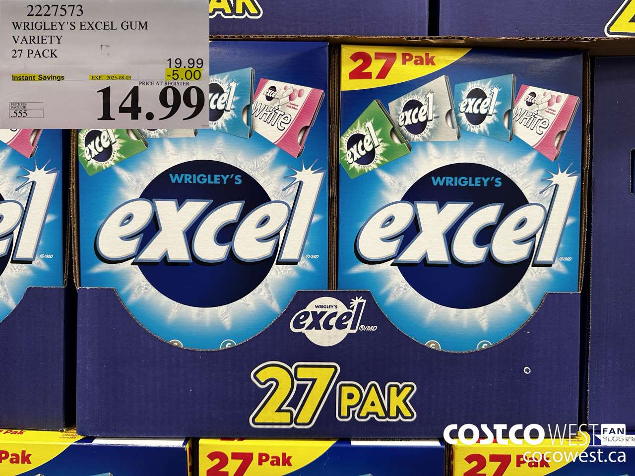 2227573 WRIGLEY'S EXCEL GUM VARIETY 27 PACK ($5.00 INSTANT SAVINGS EXPIRES ON 2025-08-03) $14.99