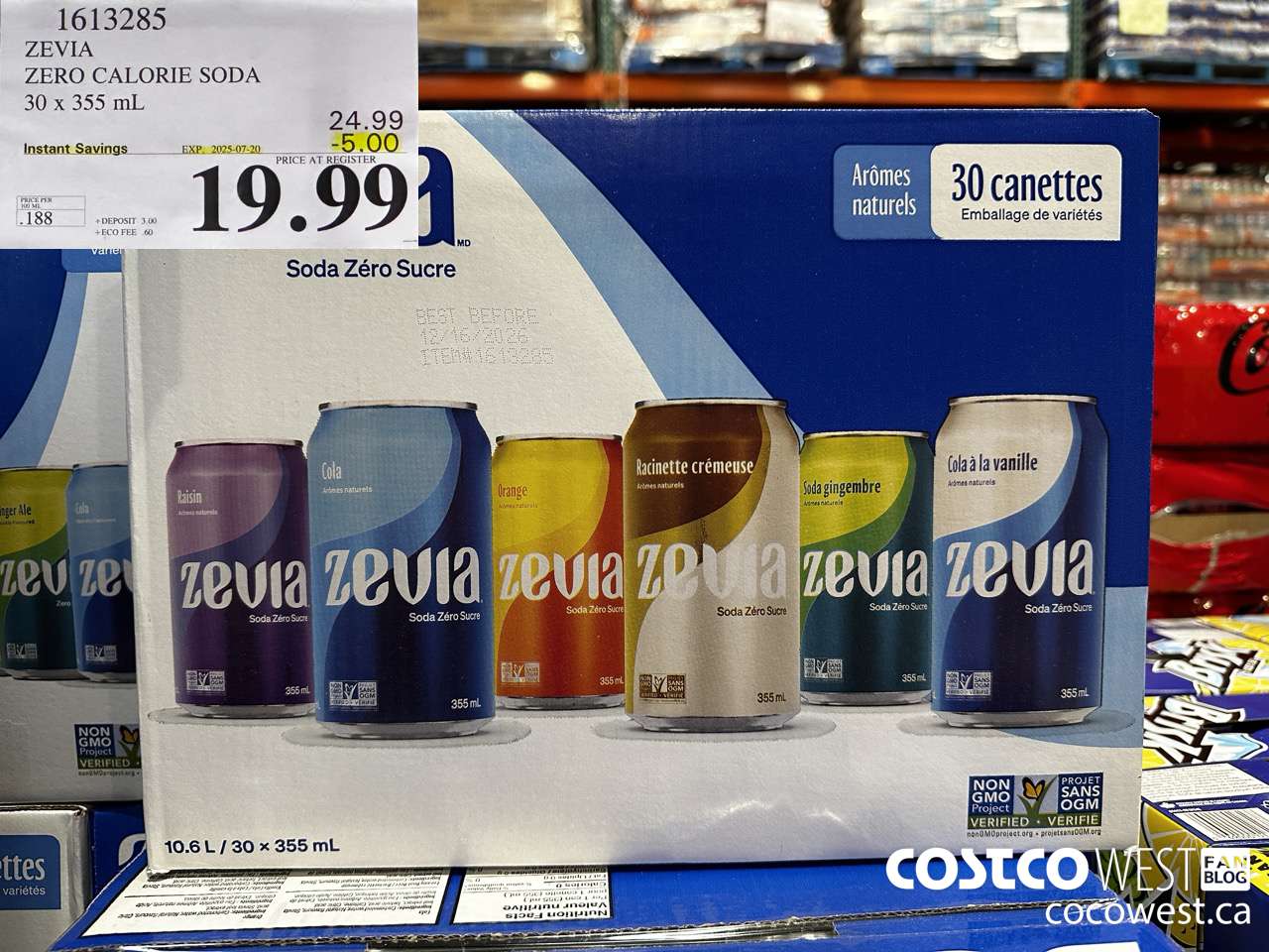 1613285 ZEVIA ZERO CALORIE SODA 30 X 355ML ($5.00 INSTANT SAVINGS EXPIRES ON 2025-07-20) $19.99