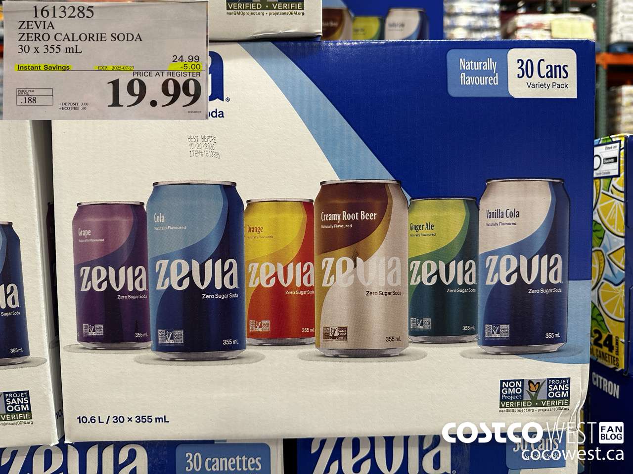 1613285 ZEVIA ZERO CALORIE SODA 30 X 355ML ($5.00 INSTANT SAVINGS EXPIRES ON 2025-07-27) $19.99