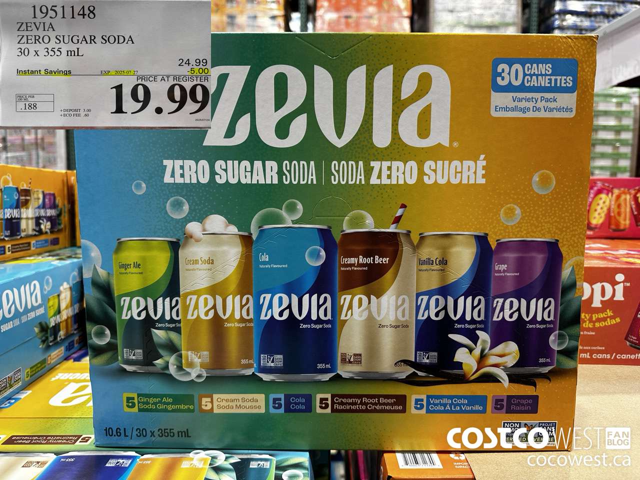 1951148 ZEVIA ZERO SUGAR SODA 30 X 355ML ($5.00 INSTANT SAVINGS EXPIRES ON 2025-07-27) $19.99