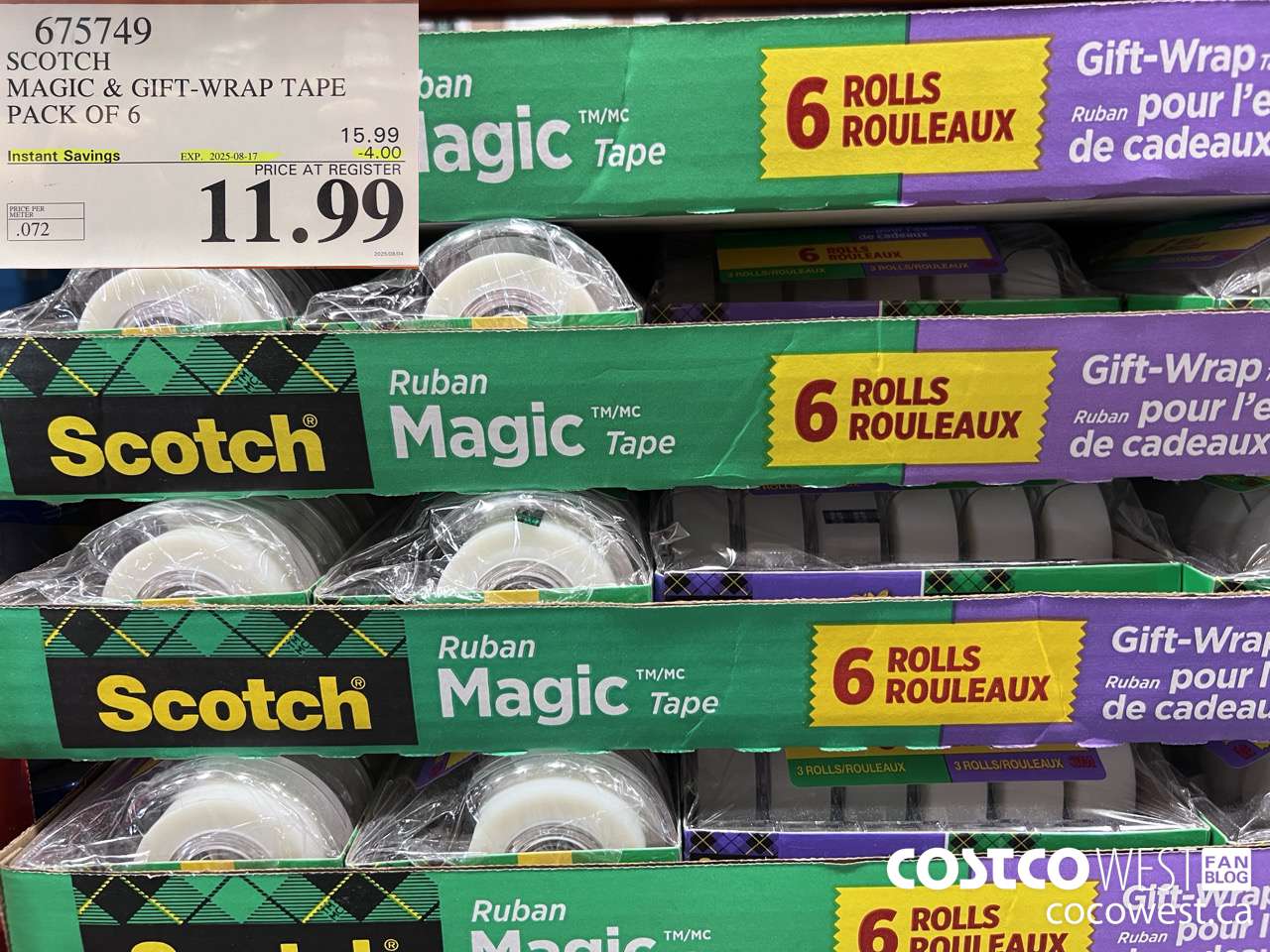 675749 3M SCOTCH MAGIC TAPE/GIFT WRAP TAPE 6PK ($4.00 INSTANT SAVINGS EXPIRES ON 2025-08-17) $11.99