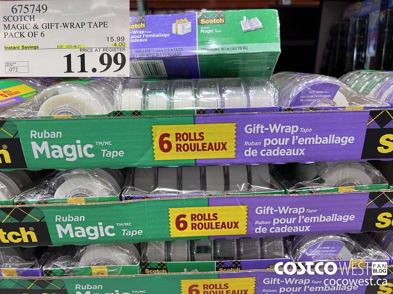675749 3M SCOTCH MAGIC TAPE/GIFT WRAP TAPE 6PK ($4.00 INSTANT SAVINGS EXPIRES ON 2025-08-17) $11.99