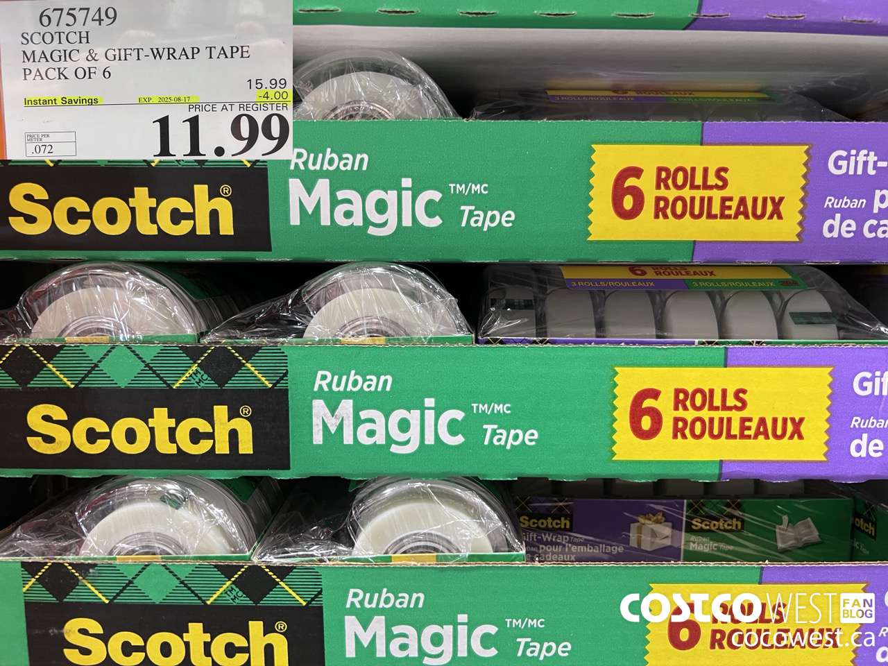 675749 3M SCOTCH MAGIC TAPE/GIFT WRAP TAPE 6PK ($4.00 INSTANT SAVINGS EXPIRES ON 2025-08-17) $11.99