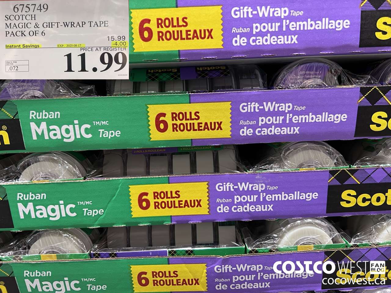 675749 3M SCOTCH MAGIC TAPE/GIFT WRAP TAPE 6PK ($4.00 INSTANT SAVINGS EXPIRES ON 2025-08-17) $11.99