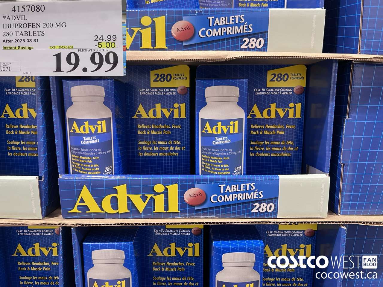 4157080 ADVIL 280 TABLETS IBUPROFEN 200MG ($5.00 INSTANT SAVINGS EXPIRES ON 2025-08-31) $19.99