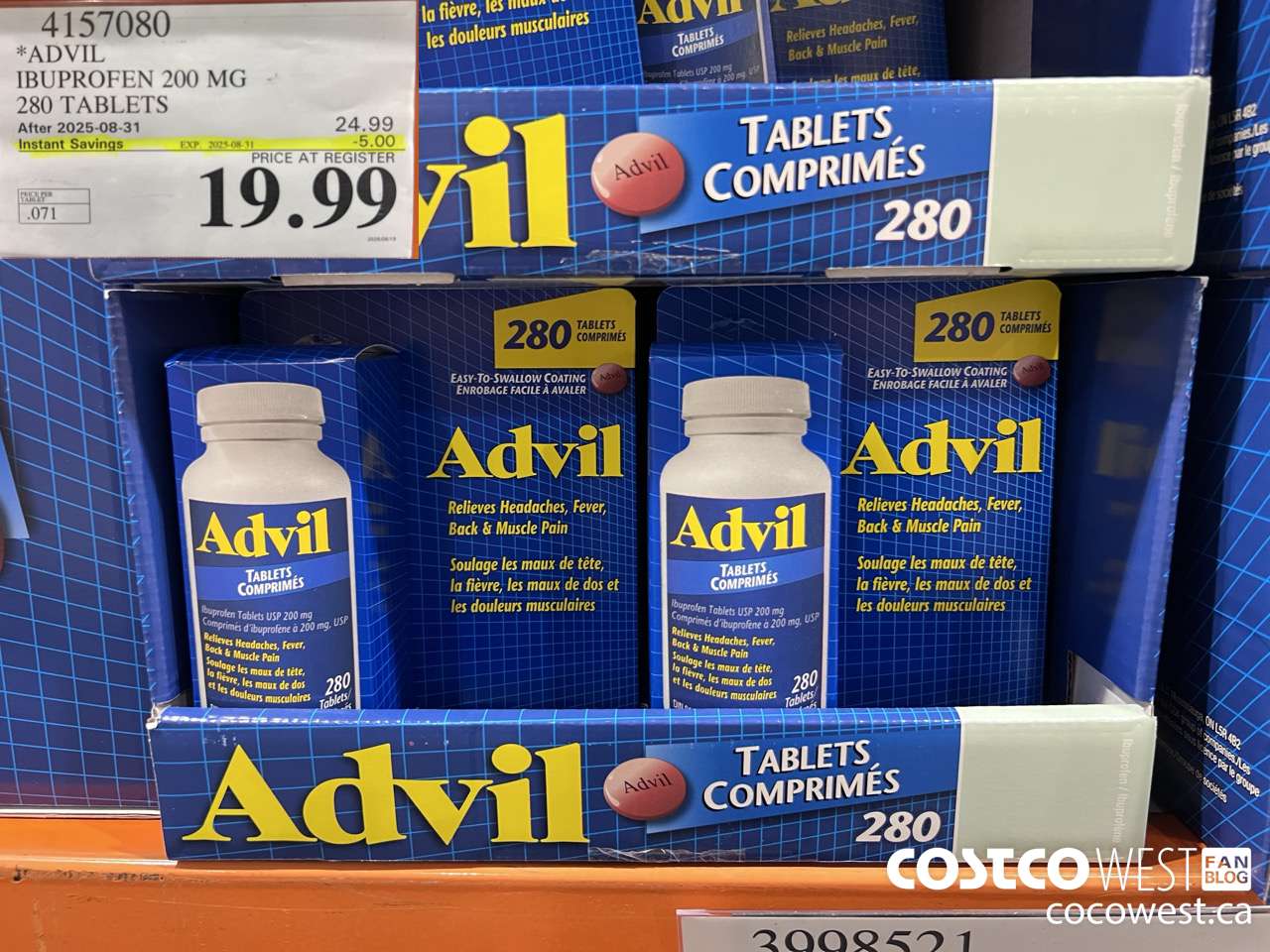 4157080 ADVIL 280 TABLETS IBUPROFEN 200MG ($5.00 INSTANT SAVINGS EXPIRES ON 2025-08-31) $19.99