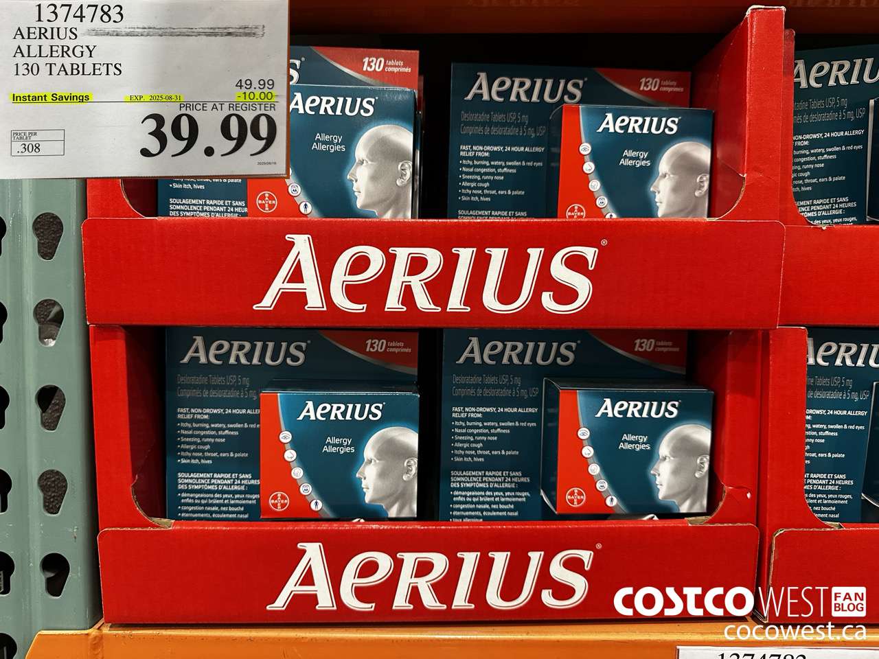 1374783 AERIUS ALLERGY 130 TABLETS ($10.00 INSTANT SAVINGS EXPIRES ON 2025-08-31) $39.99