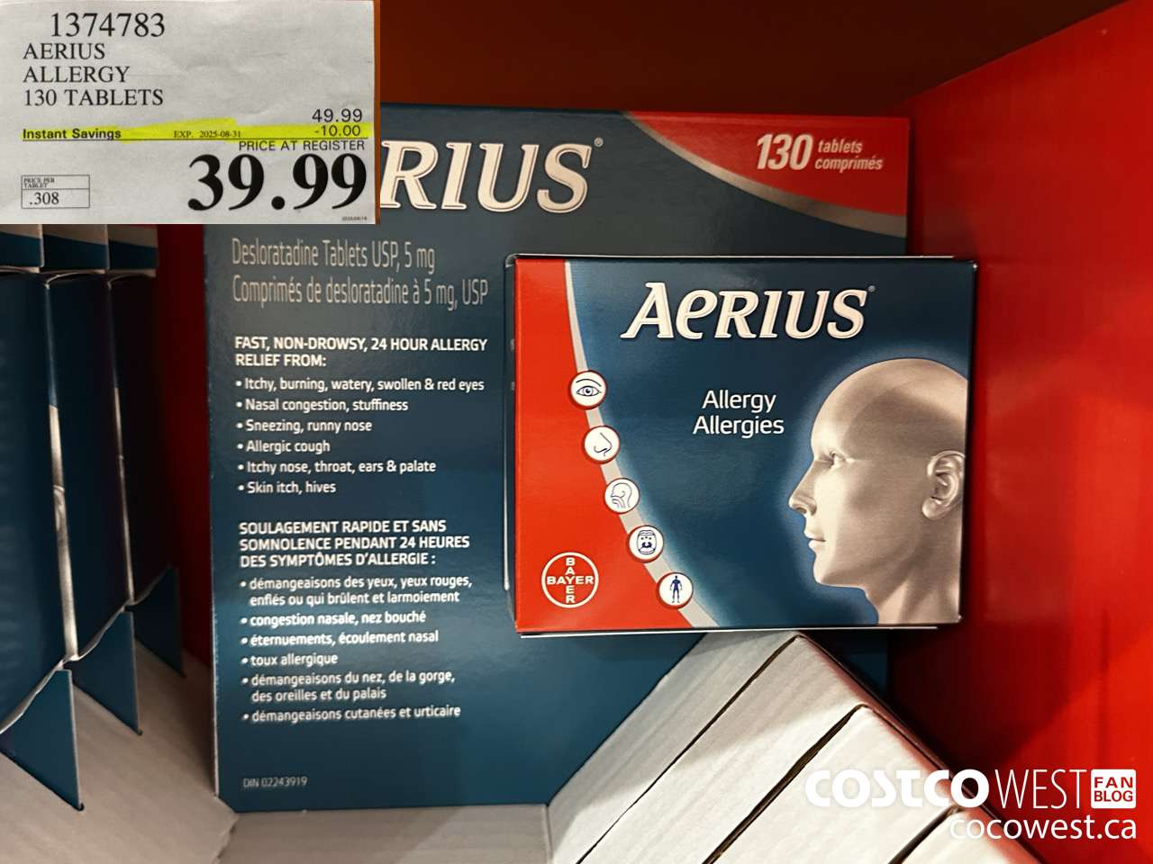 1374783 AERIUS ALLERGY 130 TABLETS ($10.00 INSTANT SAVINGS EXPIRES ON 2025-08-31) $39.99