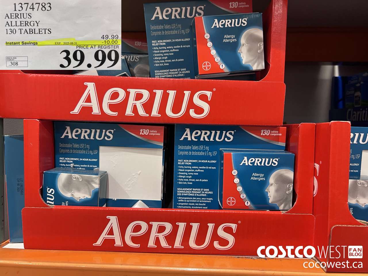 1374783 AERIUS ALLERGY 130 TABLETS ($10.00 INSTANT SAVINGS EXPIRES ON 2025-08-31) $39.99