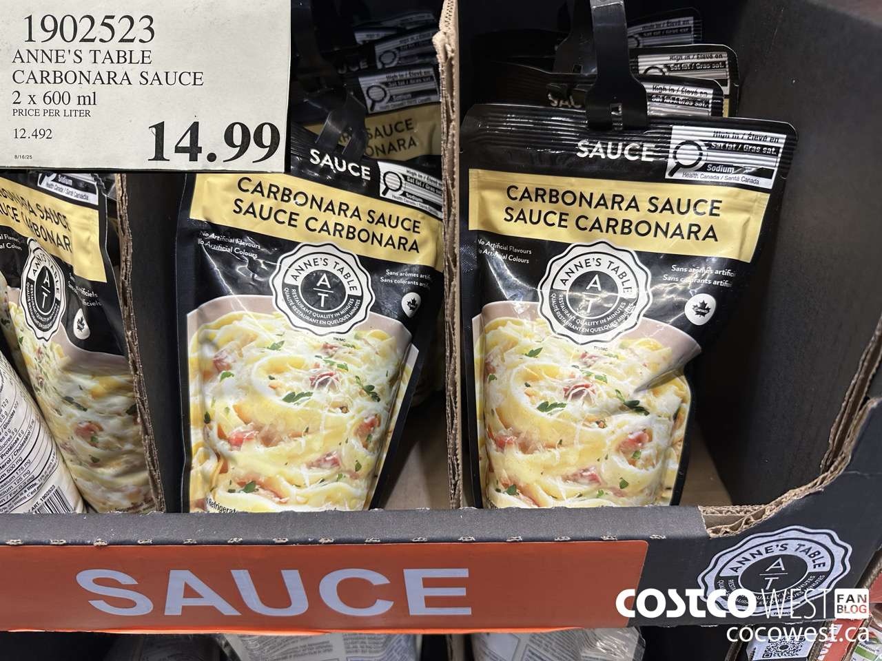 1902523 ANNE'S TABLE CARBONARA SAUCE 2 X 600ML $14.99