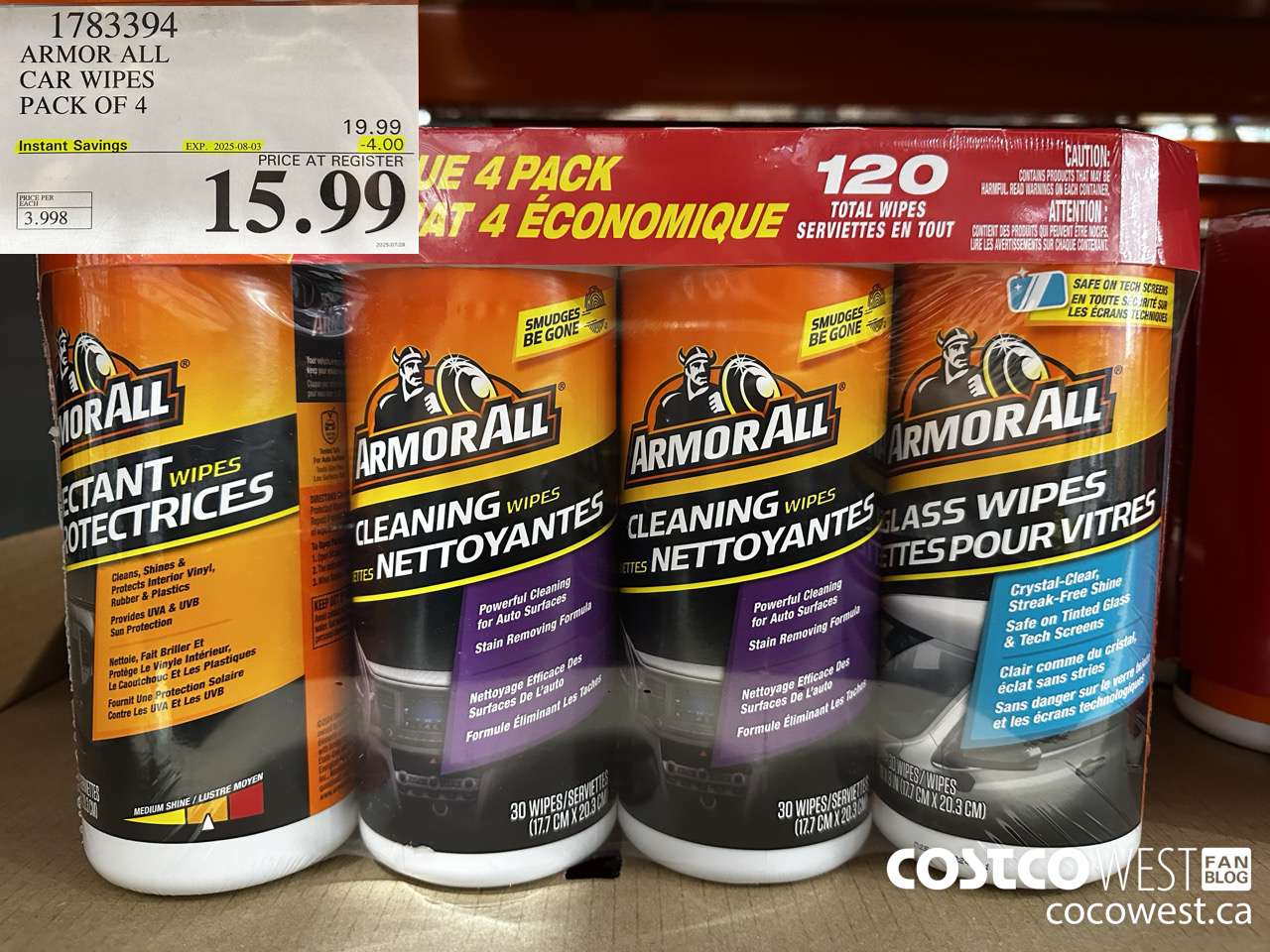 1783394 ARMOR ALL VALUE PACK WIPES 4 PACKS OF 30 ($4.00 INSTANT SAVINGS EXPIRES ON 2025-08-03) $15.99