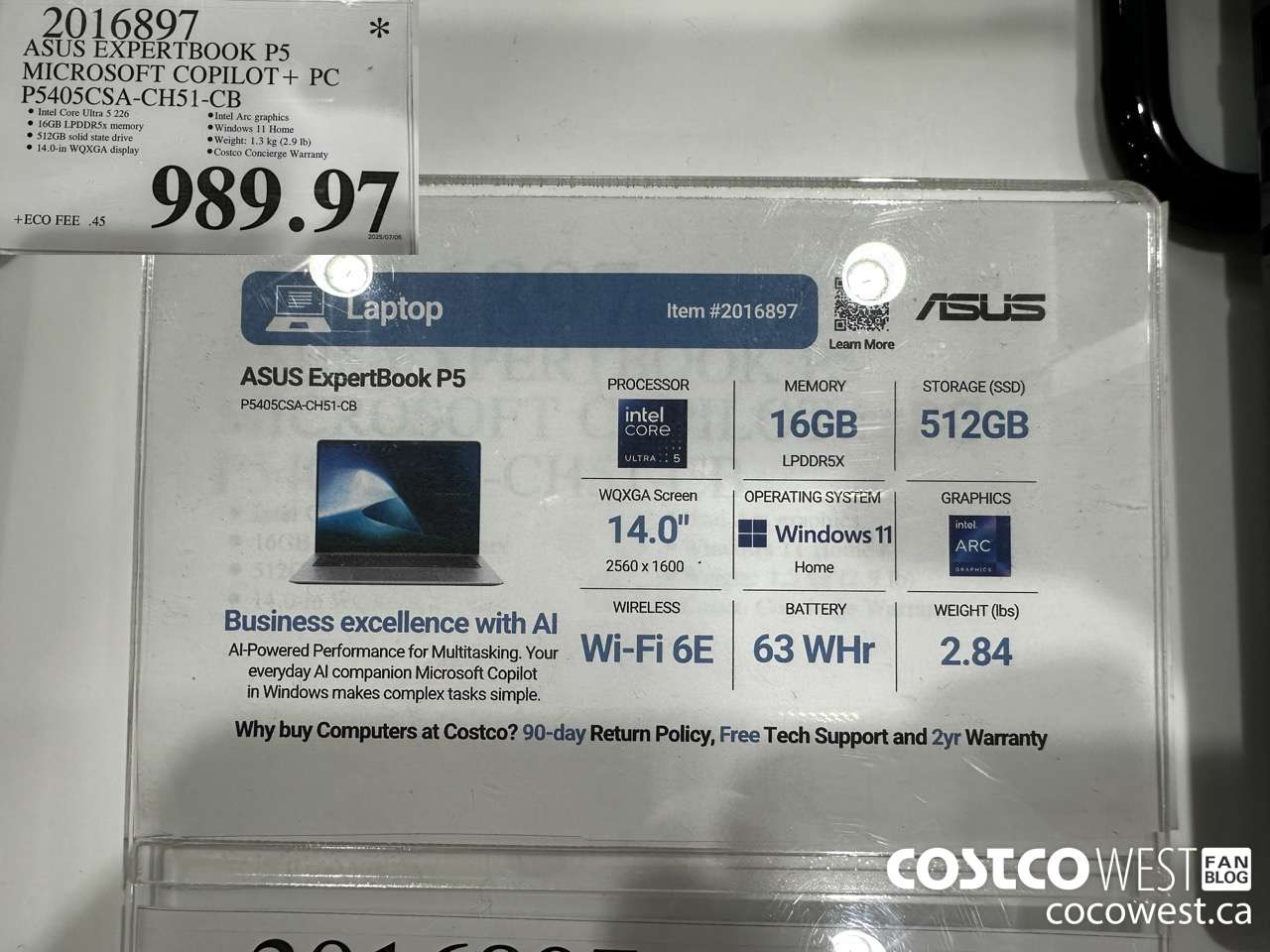 2016897 ASUS EXPERTBOOK P5 MICROSOFT COPILOT + PC P5405CSA-CH51-CB $989.97