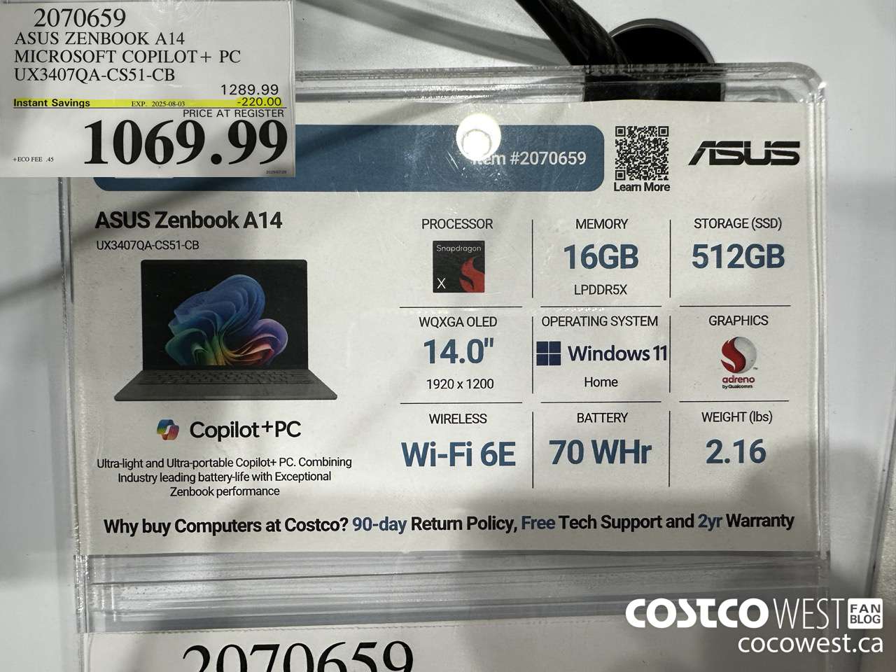 2070659 ASUS ZENBOOK A14 MICROSOFT COPILOT+ PC UX3407QA-CS51-CB ($220.00 INSTANT SAVINGS EXPIRES ON 2025-08-03) $1069.99