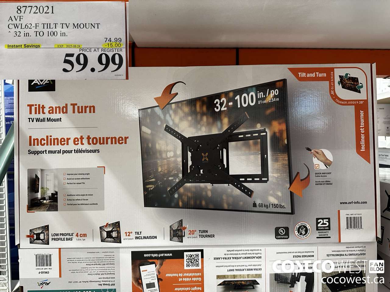 8772021 AVF CWL62-F TILT TV MOUNT 32 IN. TO 100IN ($15.00 INSTANT SAVINGS EXPIRES ON 2025-08-24) $59.99