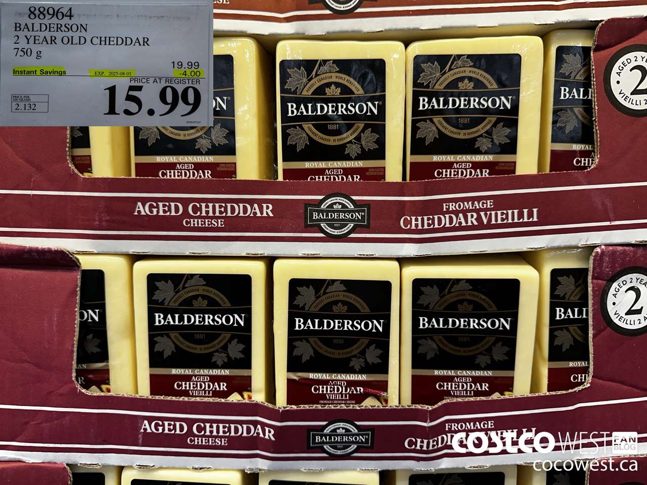 88964 BALDERSON 2 YEAR OLD CHEDDAR 750 g ($4.00 INSTANT SAVINGS EXPIRES ON 2025-08-03) $15.99