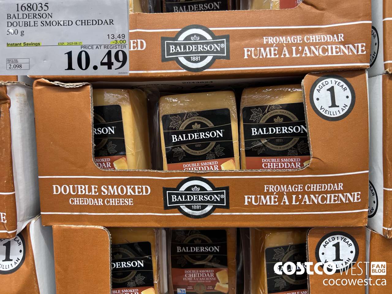 168035 BALDERSON DOUBLE SMOKED CHEDDAR 500 g ($3.00 INSTANT SAVINGS EXPIRES ON 2025-08-17) $10.49