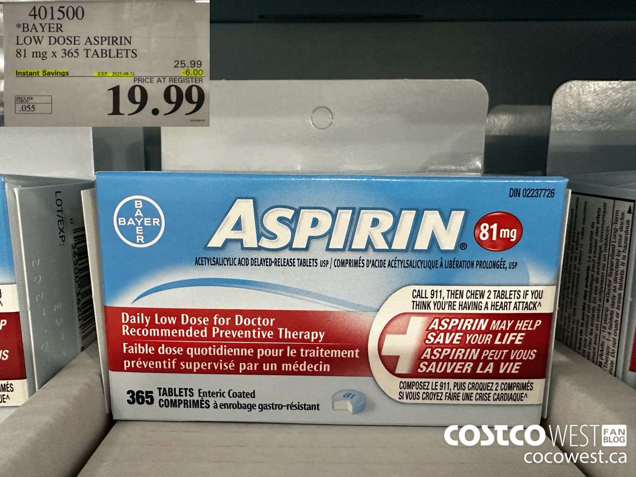401500 BAYER COATED LOW DOSE ASA 365 81MG TABLETS ($6.00 INSTANT SAVINGS EXPIRES ON 2025-08-31) $19.99