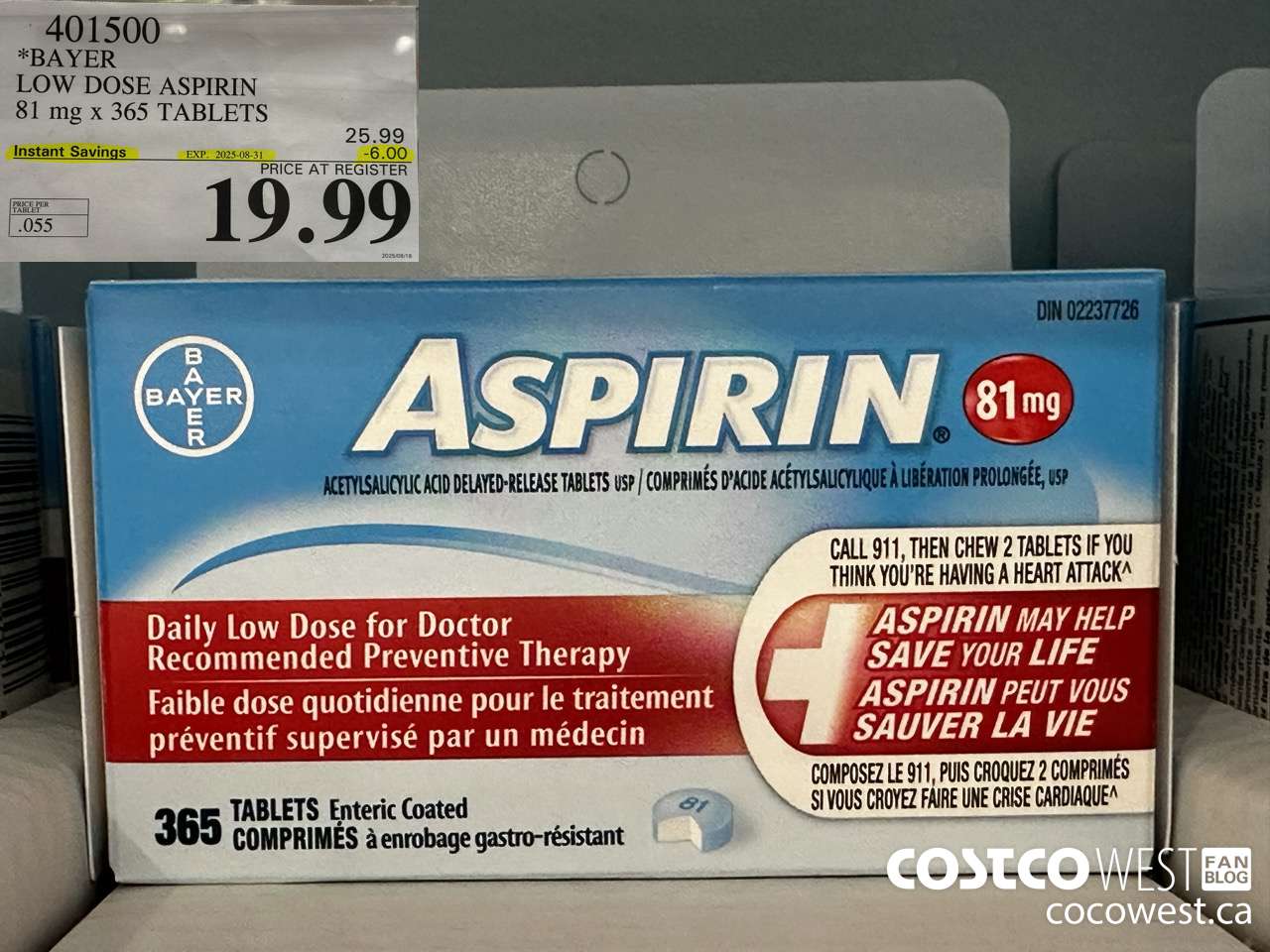 401500 BAYER COATED LOW DOSE ASA 365 81MG TABLETS ($6.00 INSTANT SAVINGS EXPIRES ON 2025-08-31) $19.99
