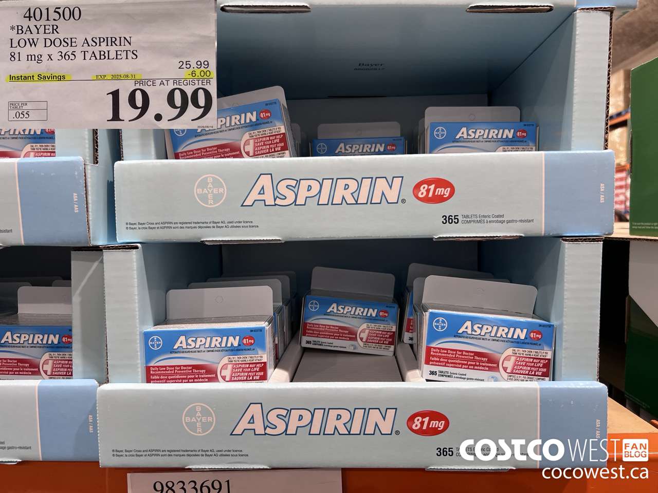401500 BAYER COATED LOW DOSE ASA 365 81MG TABLETS ($6.00 INSTANT SAVINGS EXPIRES ON 2025-08-31) $19.99