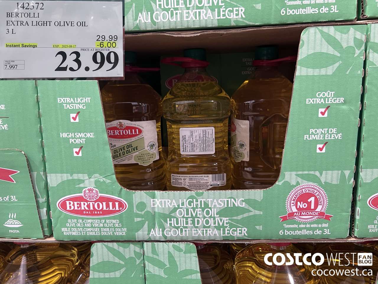 142372 BERTOLLI EXTRA LIGHT OLIVE OIL 3L ($6.00 INSTANT SAVINGS EXPIRES ON 2025-08-17) $23.99