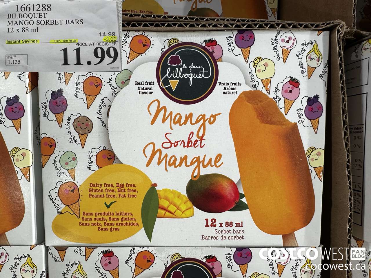 1661288 BILBOQUET MANGO SORBET BARS 12 X 88 ML ($3.00 INSTANT SAVINGS EXPIRES ON 2025-08-24) $11.99