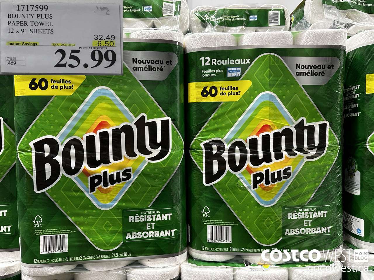 1717599 BOUNTY PLUS PAPER TOWEL 12 X 91 SHEETS ($6.50 INSTANT SAVINGS EXPIRES ON 2025-08-03) $25.99