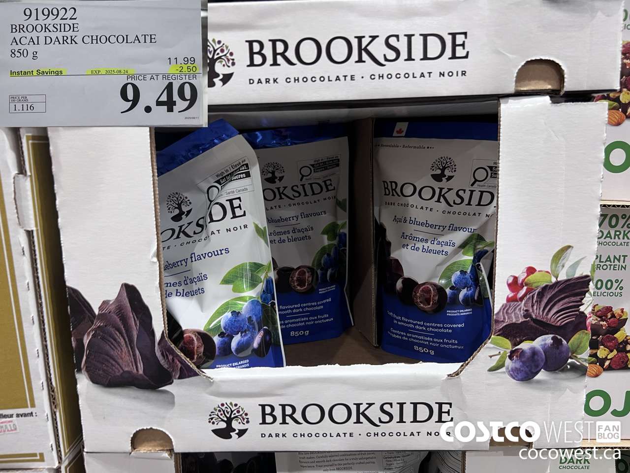 919922 BROOKSIDE ACAI DARK CHOCOLATE 850 g ($2.50 INSTANT SAVINGS EXPIRES ON 2025-08-24) $9.49