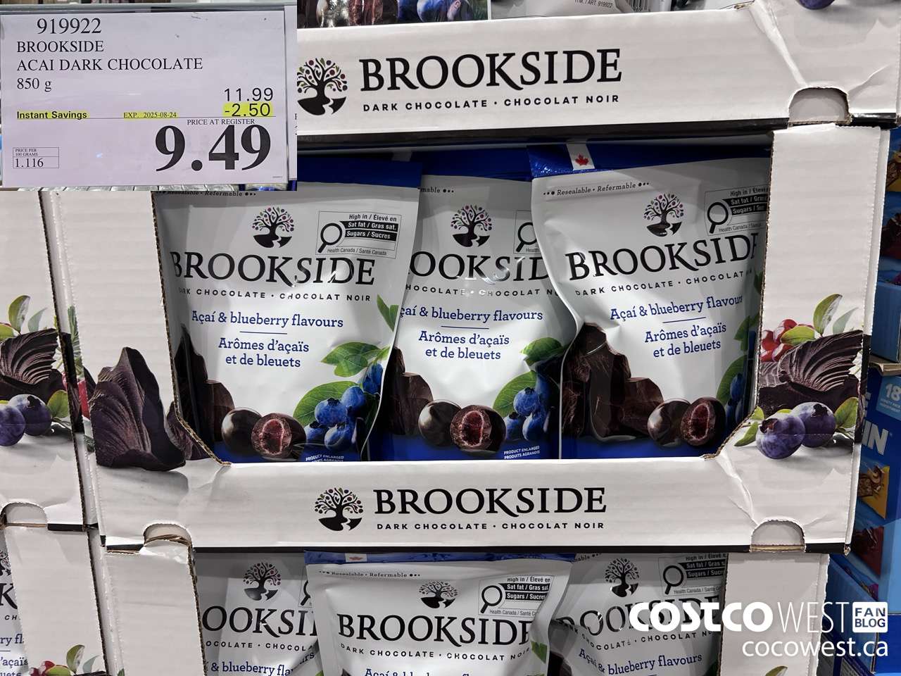 919922 BROOKSIDE ACAI DARK CHOCOLATE 850 g ($2.50 INSTANT SAVINGS EXPIRES ON 2025-08-24) $9.49