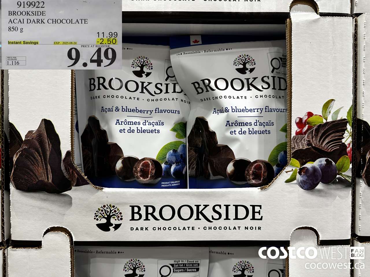 919922 BROOKSIDE ACAI DARK CHOCOLATE 850 g ($2.50 INSTANT SAVINGS EXPIRES ON 2025-08-24) $9.49