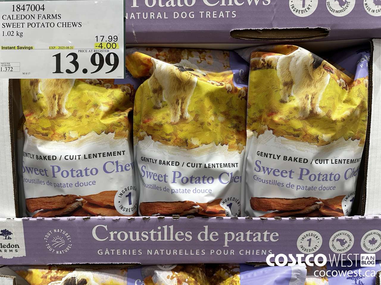 1847004 CALEDON FARMS SWEET POTATO CHEWS 1.02KG ($4.00 INSTANT SAVINGS EXPIRES ON 2025-08-31) $13.99