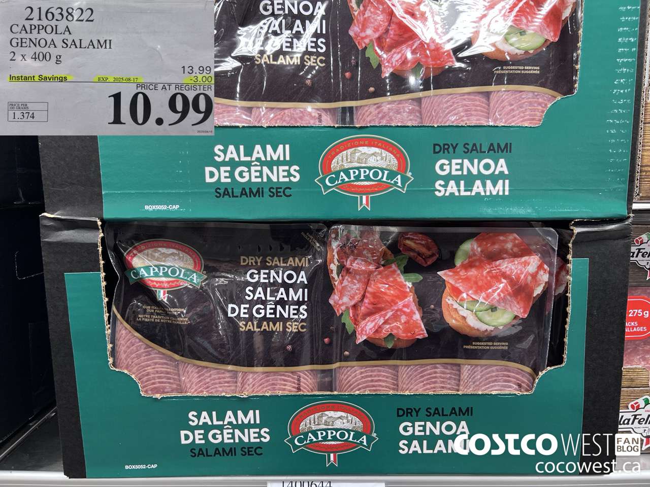 2163822 CAPPOLA GENOA SALAMI 2 X 400G ($3.00 INSTANT SAVINGS EXPIRES ON 2025-08-17) $10.99