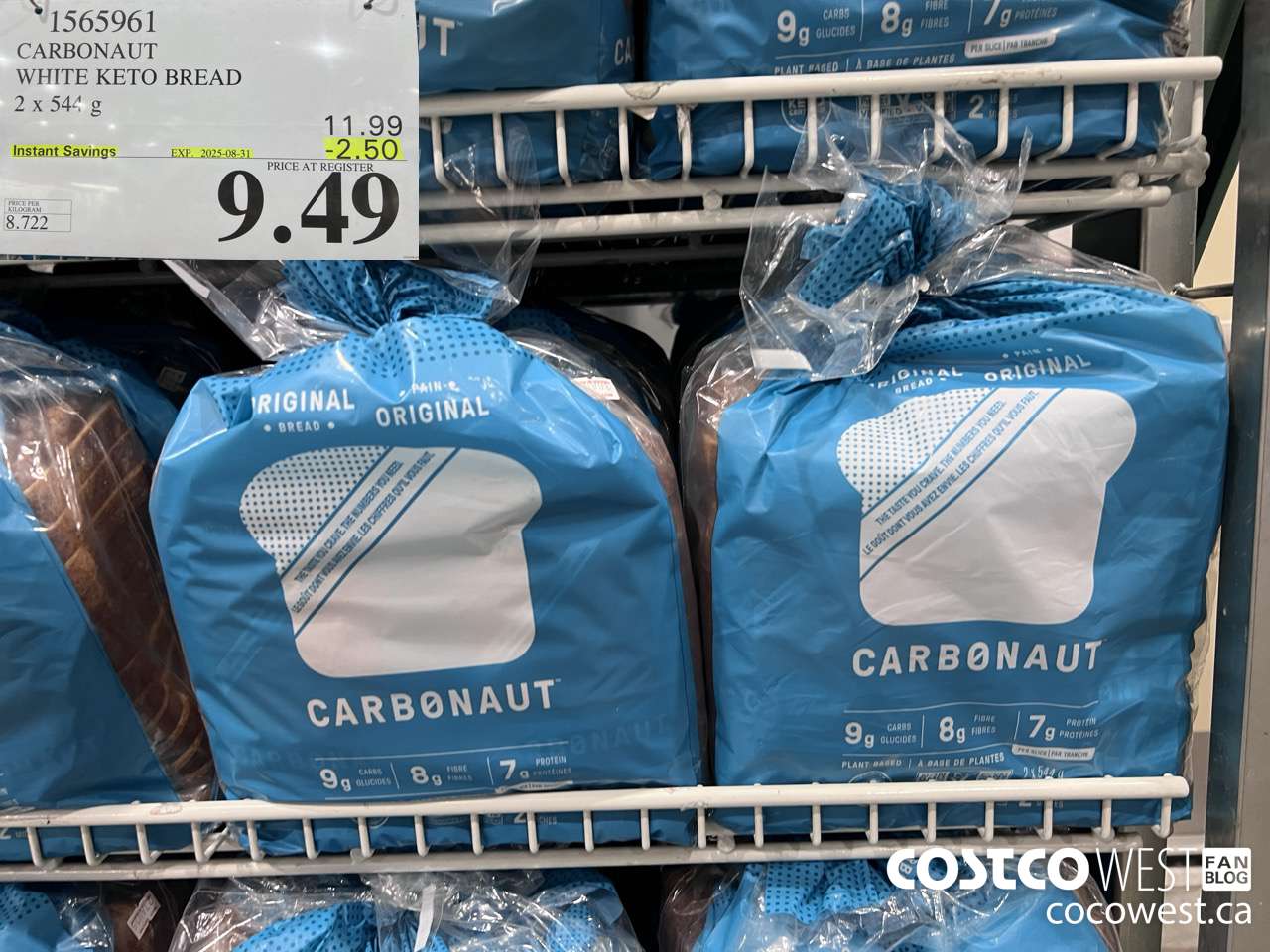 1565961 CARBONAUT WHITE KETO BREAD 2 x 544 g ($2.50 INSTANT SAVINGS EXPIRES ON 2025-08-31) $9.49