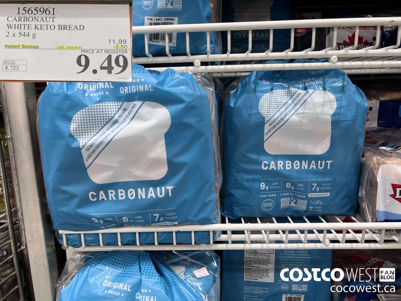 1565961 CARBONAUT WHITE KETO BREAD 2 x 544 g ($2.50 INSTANT SAVINGS EXPIRES ON 2025-08-31) $9.49