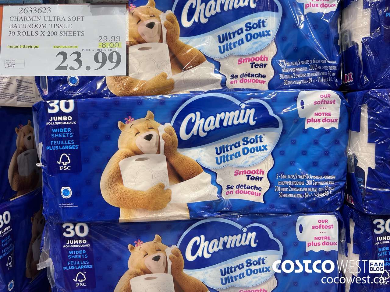 2633623 CHARMIN ULTRA SOFT BATHROOM TISSUE 30 ROLLS X 200 SHEETS ($6.00 INSTANT SAVINGS EXPIRES ON 2025-08-31) $23.99
