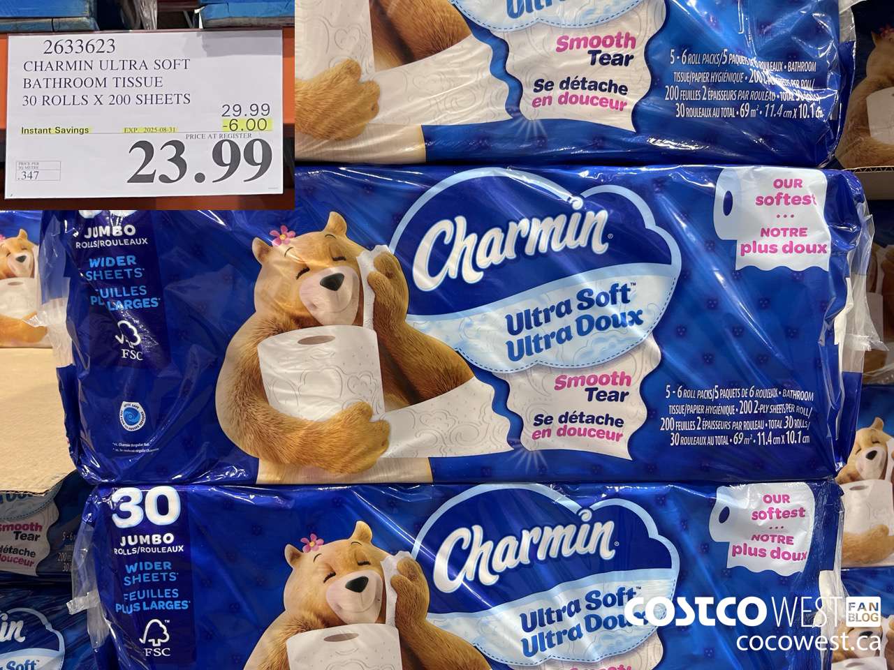 2633623 CHARMIN ULTRA SOFT BATHROOM TISSUE 30 ROLLS X 200 SHEETS ($6.00 INSTANT SAVINGS EXPIRES ON 2025-08-31) $23.99