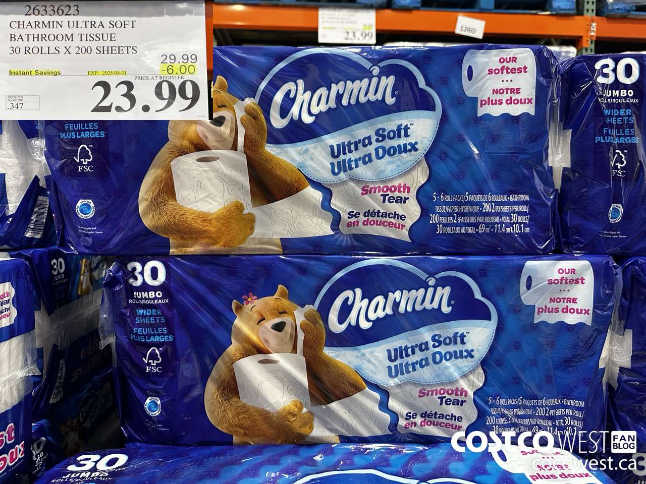 2633623 CHARMIN ULTRA SOFT BATHROOM TISSUE 30 ROLLS X 200 SHEETS ($6.00 INSTANT SAVINGS EXPIRES ON 2025-08-31) $23.99