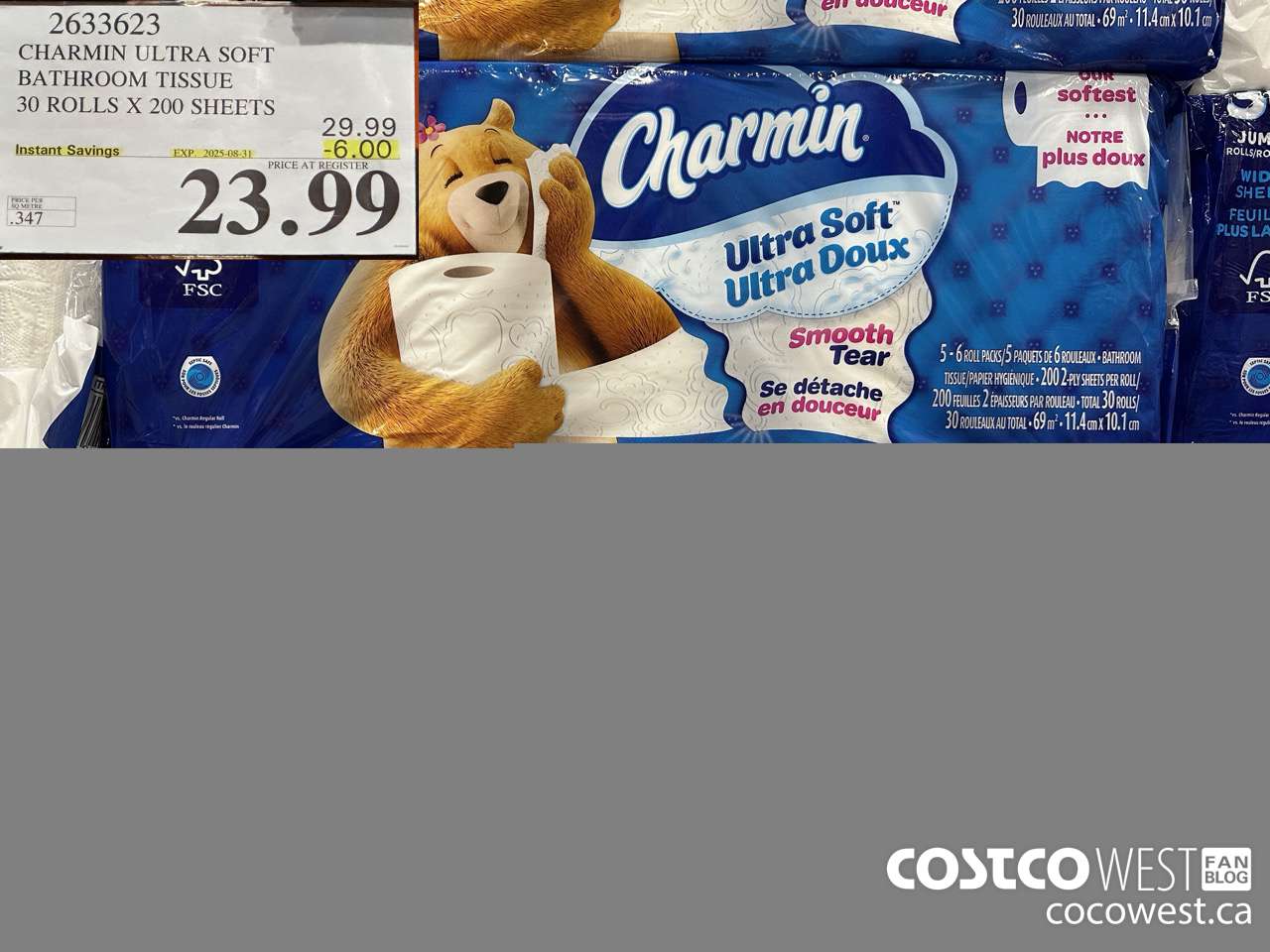 2633623 CHARMIN ULTRA SOFT BATHROOM TISSUE 30 ROLLS X 200 SHEETS ($6.00 INSTANT SAVINGS EXPIRES ON 2025-08-31) $23.99