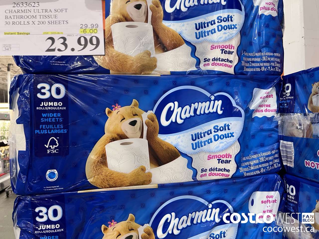 2633623 CHARMIN ULTRA SOFT BATHROOM TISSUE 30 ROLLS X 200 SHEETS ($6.00 INSTANT SAVINGS EXPIRES ON 2025-08-31) $23.99