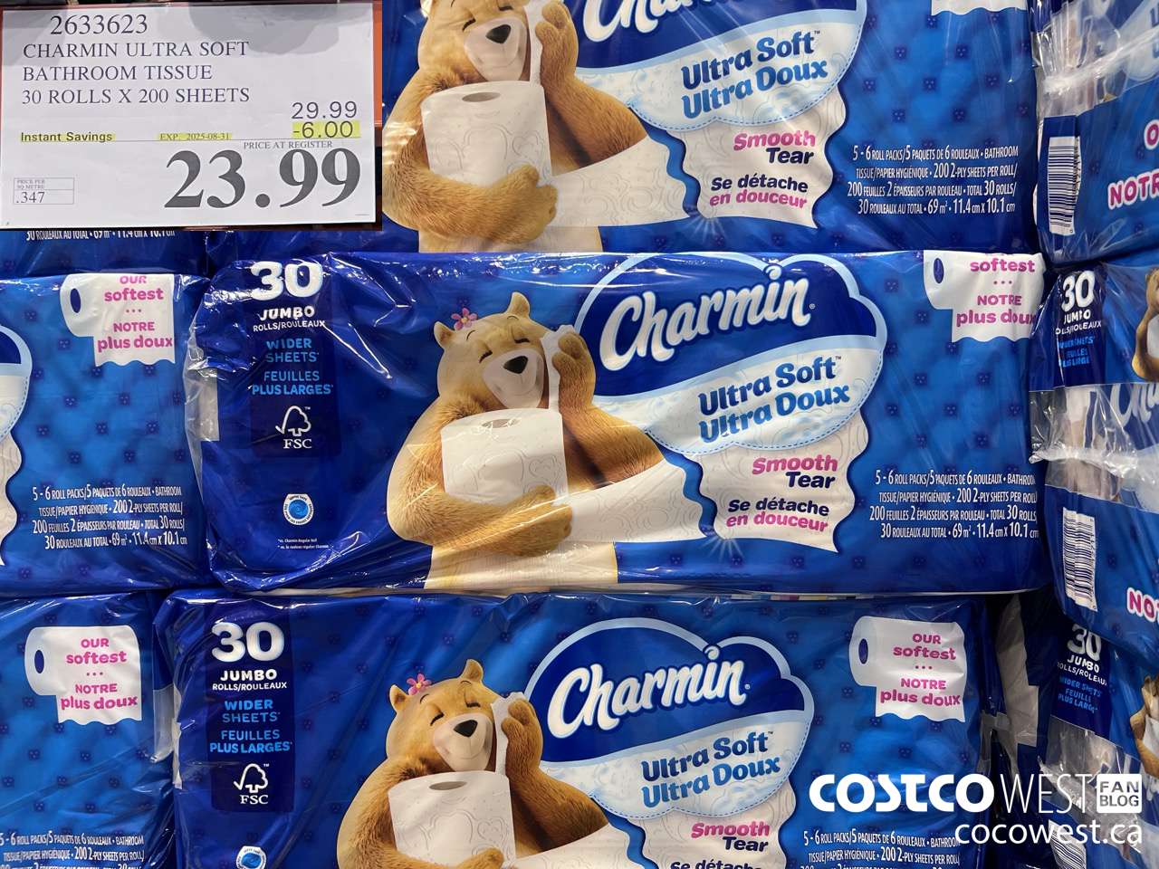 2633623 CHARMIN ULTRA SOFT BATHROOM TISSUE 30 ROLLS X 200 SHEETS ($6.00 INSTANT SAVINGS EXPIRES ON 2025-08-31) $23.99