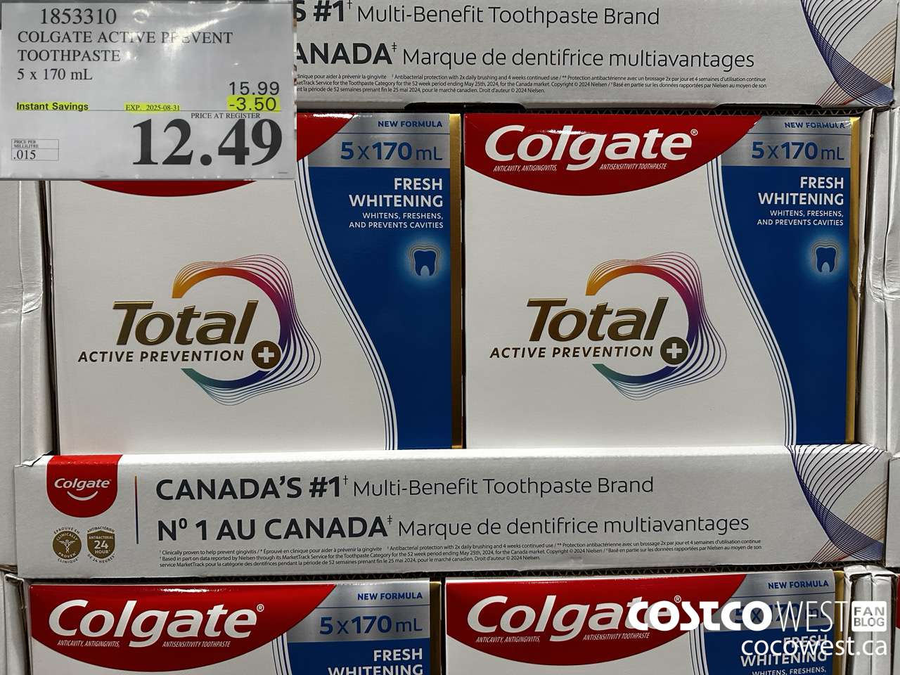 1853310 COLGATE ACTIVE PREVENT TOOTHPASTE 5 X 170ML ($3.50 INSTANT SAVINGS EXPIRES ON 2025-08-31) $12.49
