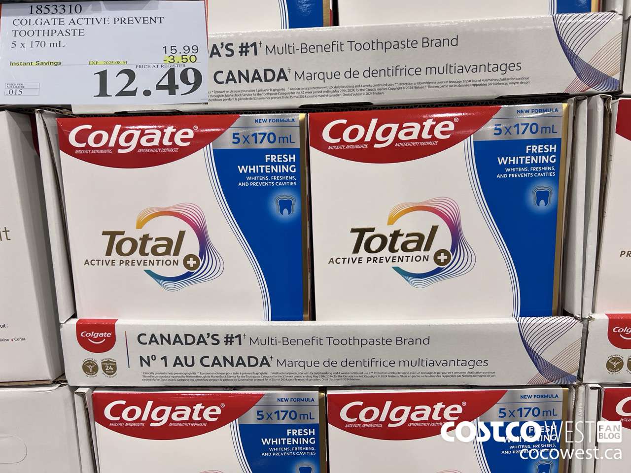 1853310 COLGATE ACTIVE PREVENT TOOTHPASTE 5 X 170ML ($3.50 INSTANT SAVINGS EXPIRES ON 2025-08-31) $12.49