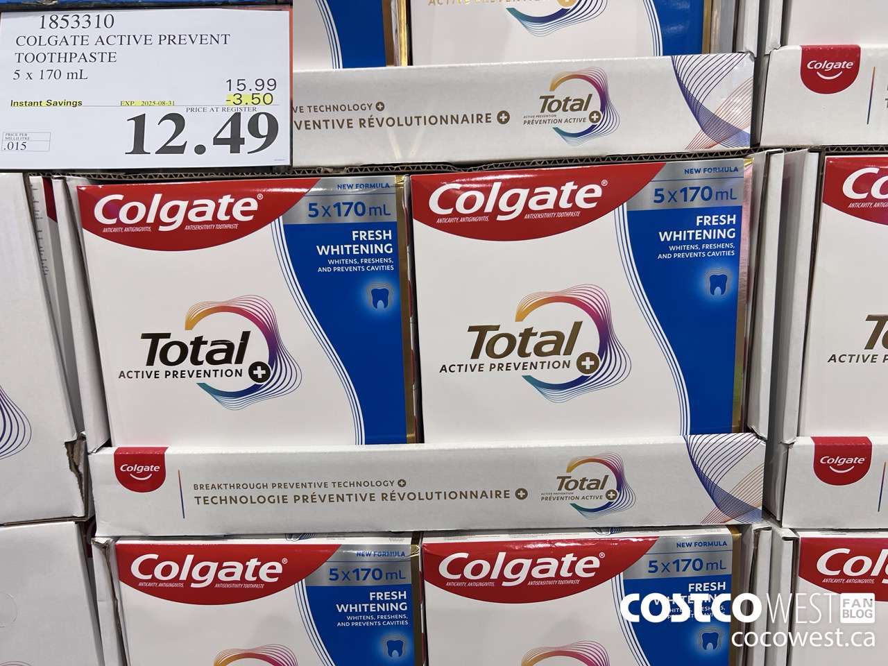1853310 COLGATE ACTIVE PREVENT TOOTHPASTE 5 X 170ML ($3.50 INSTANT SAVINGS EXPIRES ON 2025-08-31) $12.49