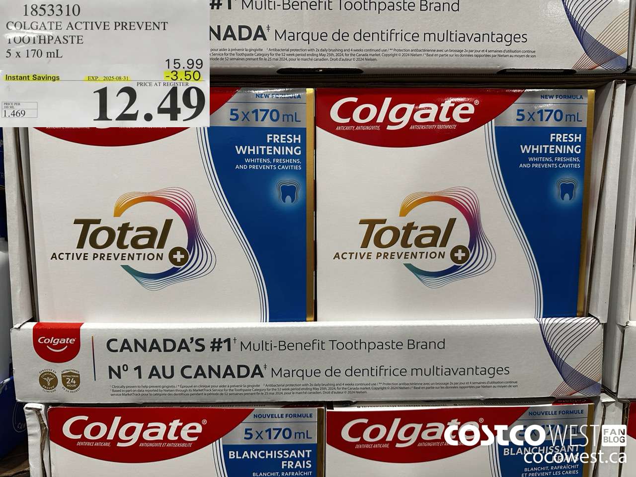 1853310 COLGATE ACTIVE PREVENT TOOTHPASTE 5 X 170ML ($3.50 INSTANT SAVINGS EXPIRES ON 2025-08-31) $12.49