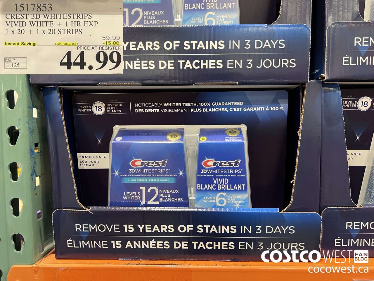 1517853 CREST 3D WHITESTRIPS VIVID WHITE + 1 HR EXP 1 x 20 + 1 x 20 STRIPS ($15.00 INSTANT SAVINGS EXPIRES ON 2025-08-17) $44.99